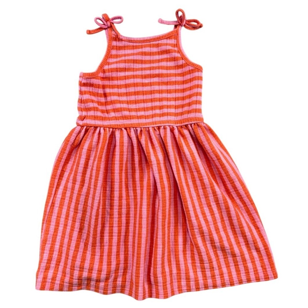 Cat & Jack Toddler Girls 3T Pink Orange Striped Ribbed Tie Shoulder Sun Dress